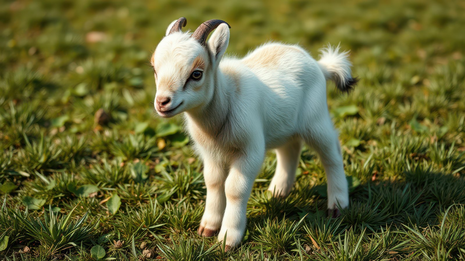 Playful young goat exploring a lush green field under bright sunlight in the countryside